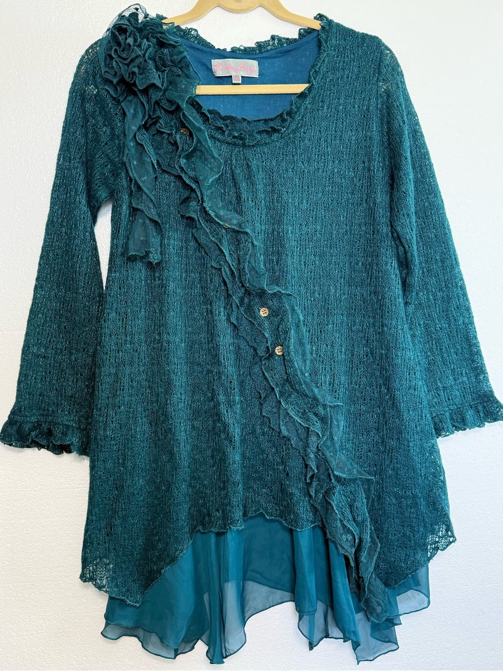 Pretty Angel Fairy Whimsical Teal Knit Ruffle Long Sleeve Tunic Dress Size M